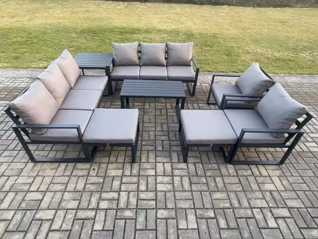 Fimous Modern Aluminium Outdoor Garden Furniture Set in Dark Grey with 3-Seater Sofa, 2-Seater Sofa, Coffee Table and Ottomans