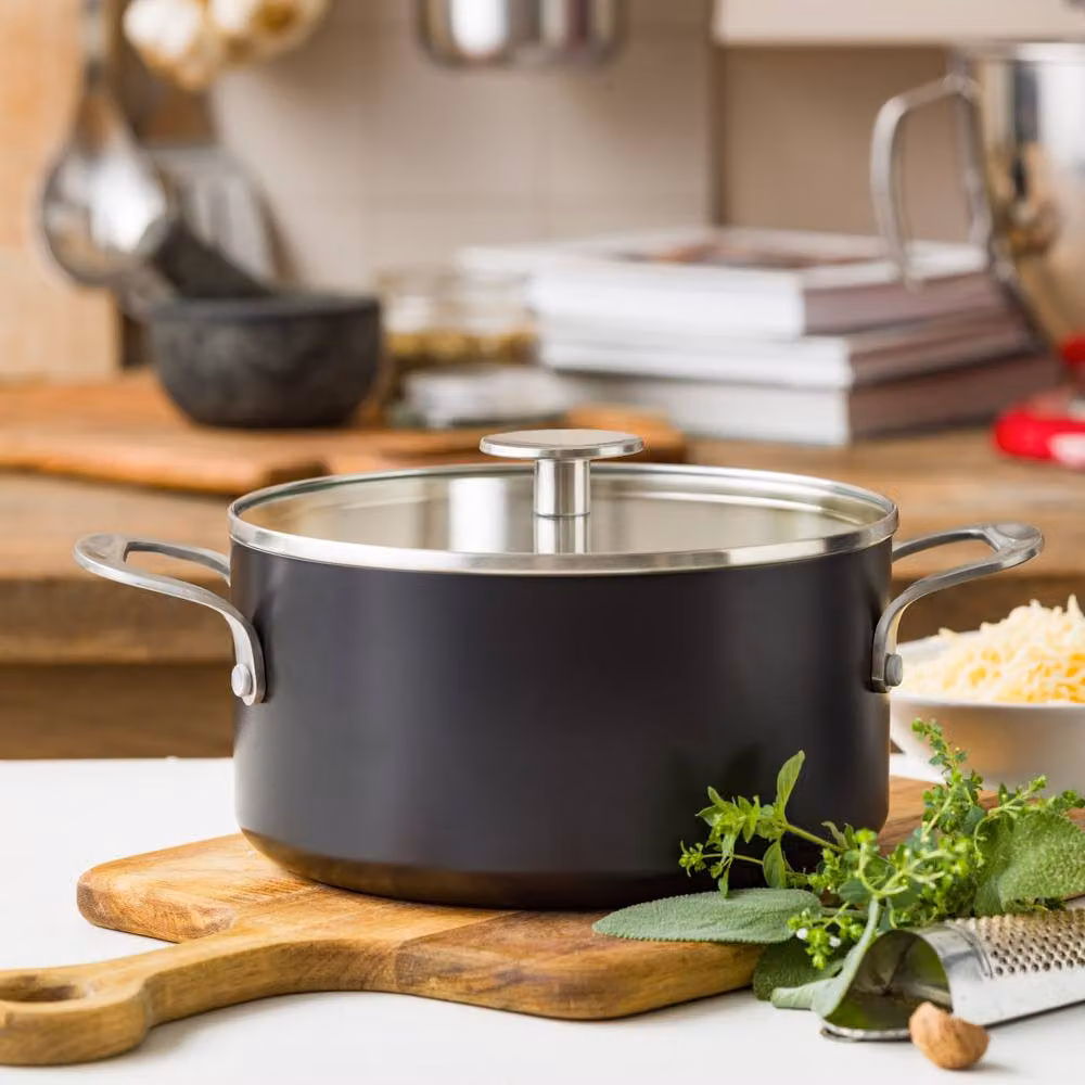 KitchenAid Aluminium Ceramic Non-Stick Casserole Dish with Glass Lid, Black, Diameter: 24 cm – 4