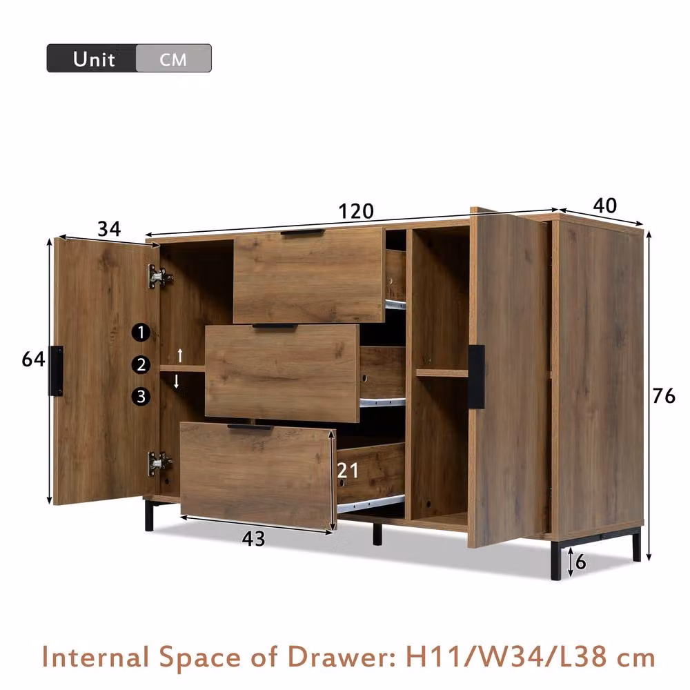 Matteo Industrial Oak Sideboard Cabinet in Dark Brown with 2 Doors and 3 Drawers, W: 120 cm, H: 76 cm, D: 40 cm – 2
