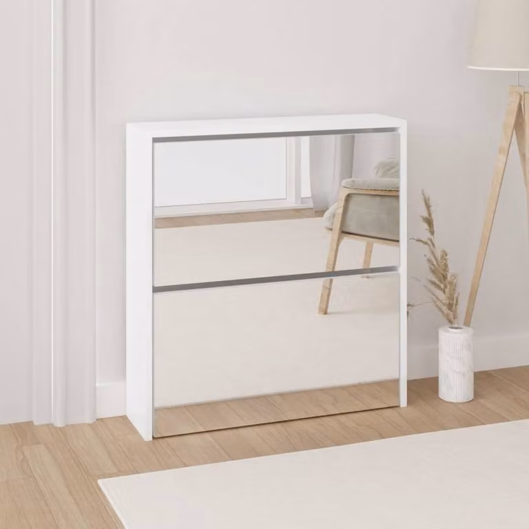 Berkfield Home High Gloss White 2-Layer Shoe Cabinet with Mirror, W: 63 cm, D: 17 cm, H: 67 cm