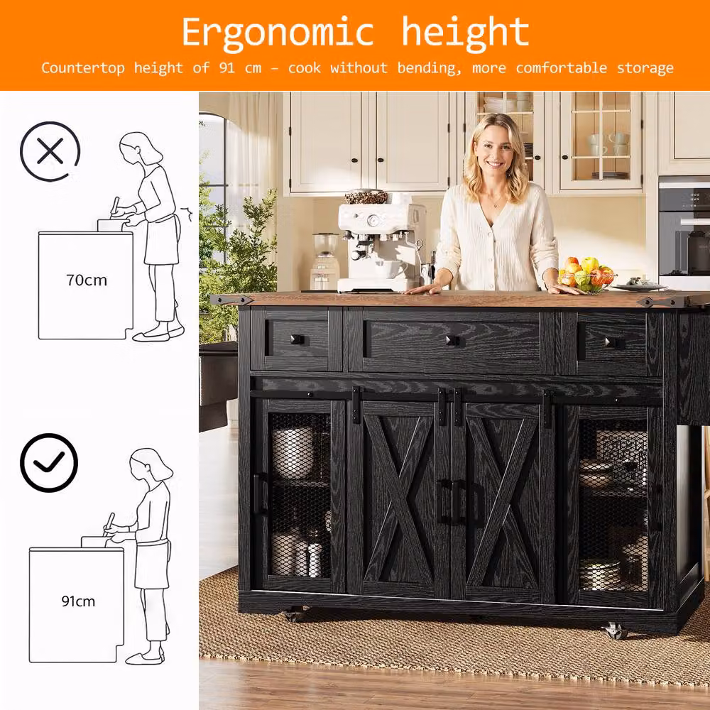 Rolipo Farmhouse Kitchen Island Trolley with Power Sockets and Drop Leaf in Black – 4