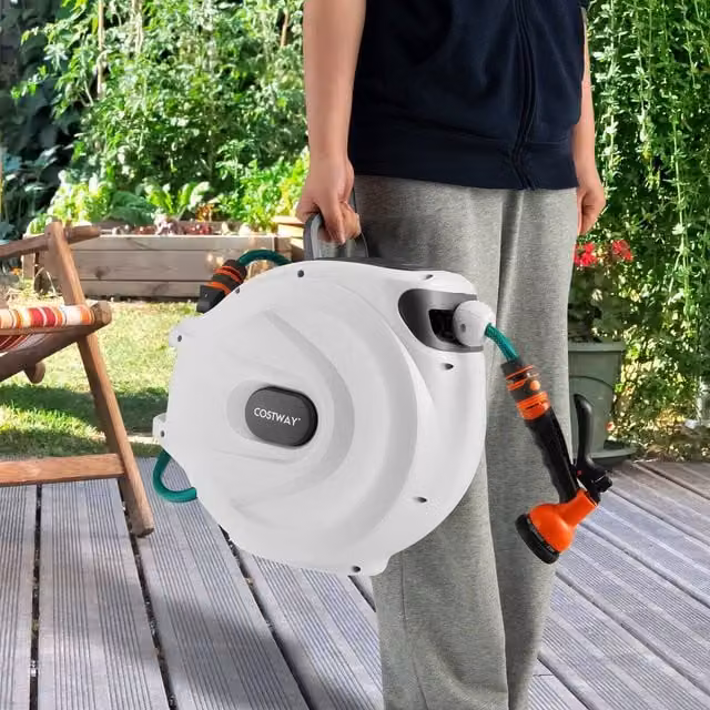 Costway Wall Mounted Retractable Auto Rewind Portable Hose Reel with 20+2m Hose in White