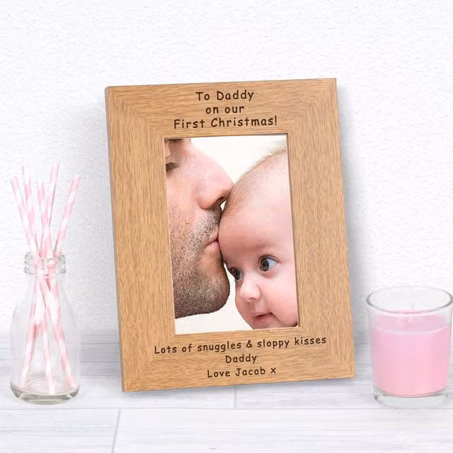 Uniqueful Personalised To Daddy On Our First Christmas Wood Picture Frame, Brown, W/D/H: 19.5 x 24.5 x 24.5 cm