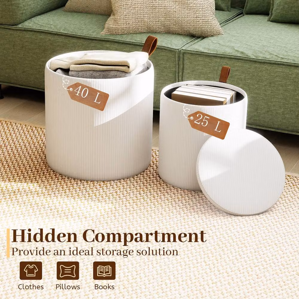 Costway Set of 2 Modern Round Upholstered Vanity Stools with Removable Lids in Beige – 7
