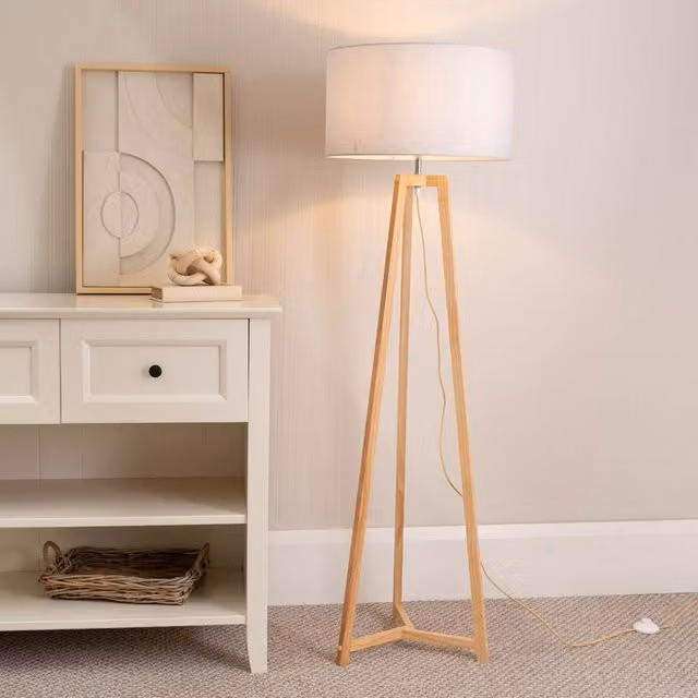 ValueLights Lottie Natural Wood Tripod Floor Lamp with White Fabric Drum Shade and LED Bulb, H 158 cm x W 45 cm x D 45 cm – 1
