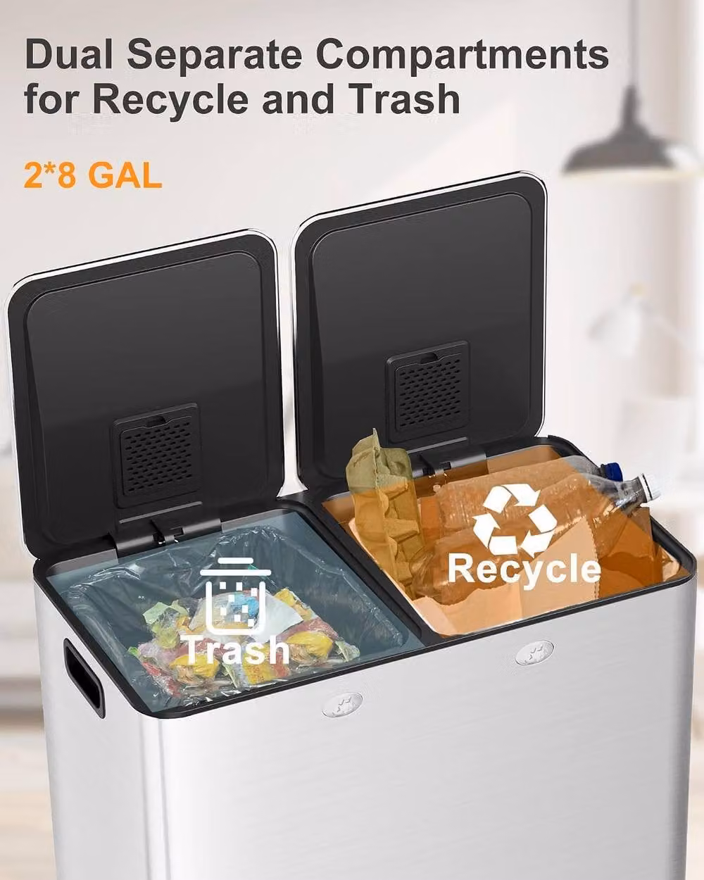 London Boutique 60L Stainless Steel Dual Kitchen Step Pedal Recycling Bin in Silver – 3