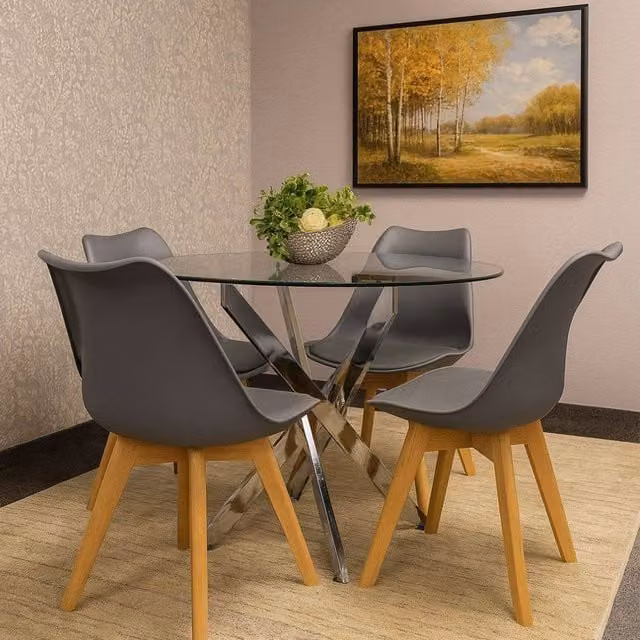 Kosy Koala Round Glass Dining Table Set with 4 Grey Plastic Chairs