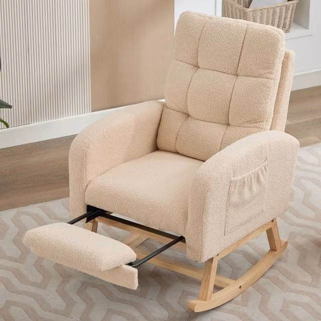 Merax Beige Bouclé Upholstered Rocking Recliner Chair with Retractable Footrest and Solid Wood Frame