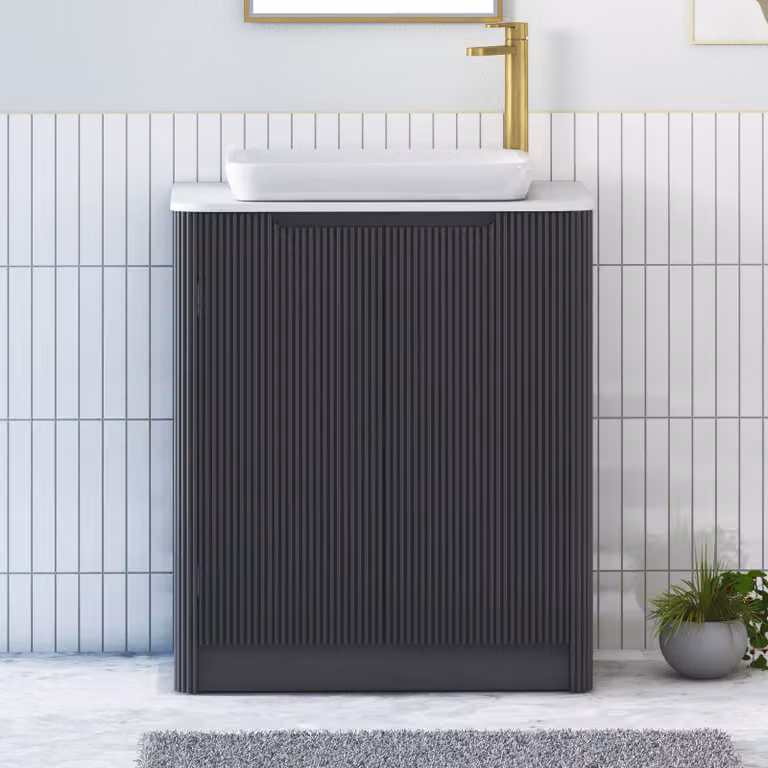 Royal Bathrooms Avenza 800mm Floor Standing 2 Door Vanity Unit in Matt Obsidian Black with Plain White Worktop and Qubix Basin