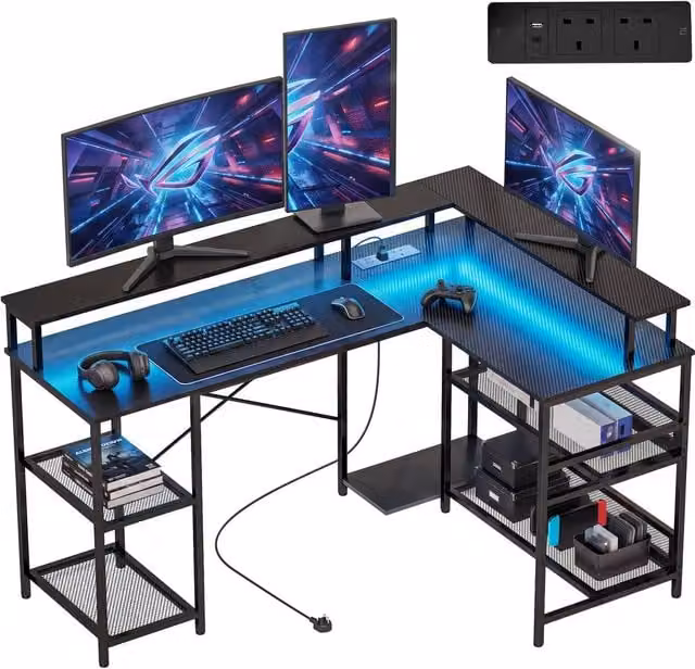 HOMCOM L-Shaped Gaming Desk with LED Lights and Power Outlets in Black – 1