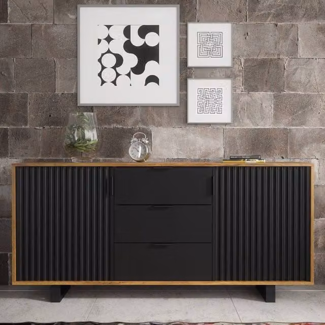 Creative Furniture Blackridge Sideboard in Dark Oak and Black with Fluted Doors and Drawer, W: 140 cm, H: 75 cm, D: 35 cm