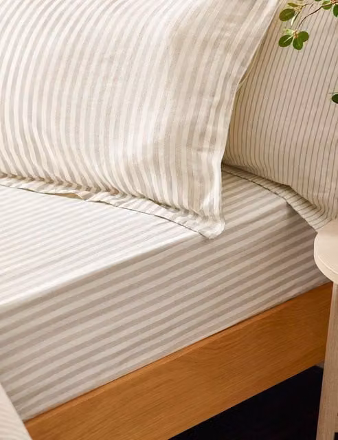 YARD Striped Pure Cotton Fitted Sheet in Beige and Sand, 200 x 200 cm