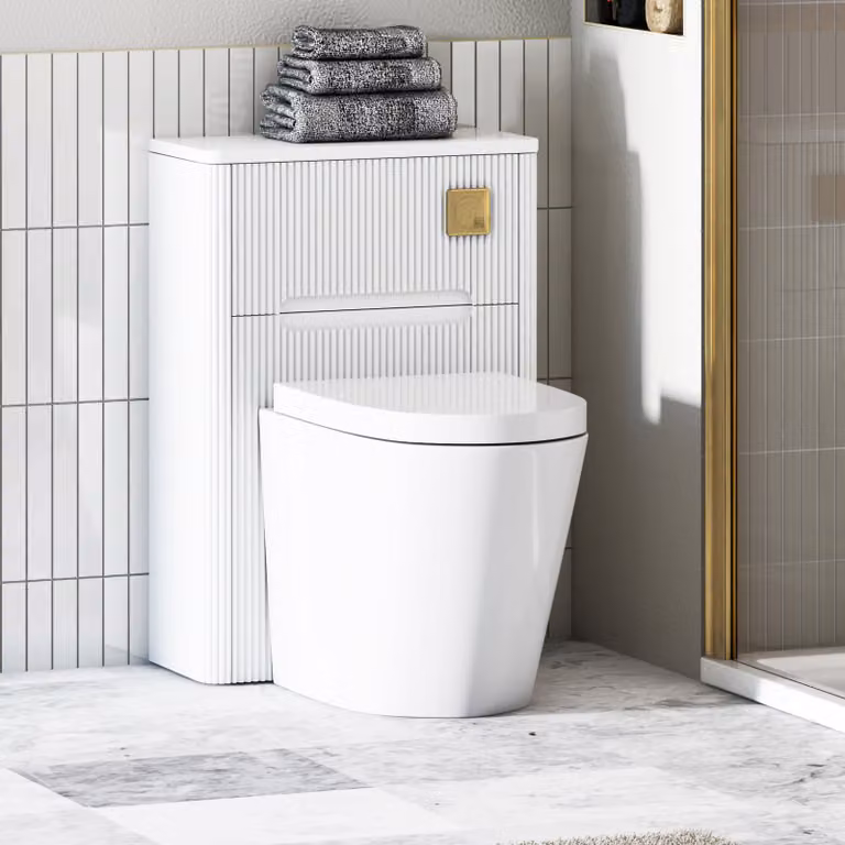 Avenza Matte White Wall Mounted BTW WC Unit with Cesar Rimless Ceramic Toilet Pan, Soft Close Seat and Cistern, Width: 55 cm