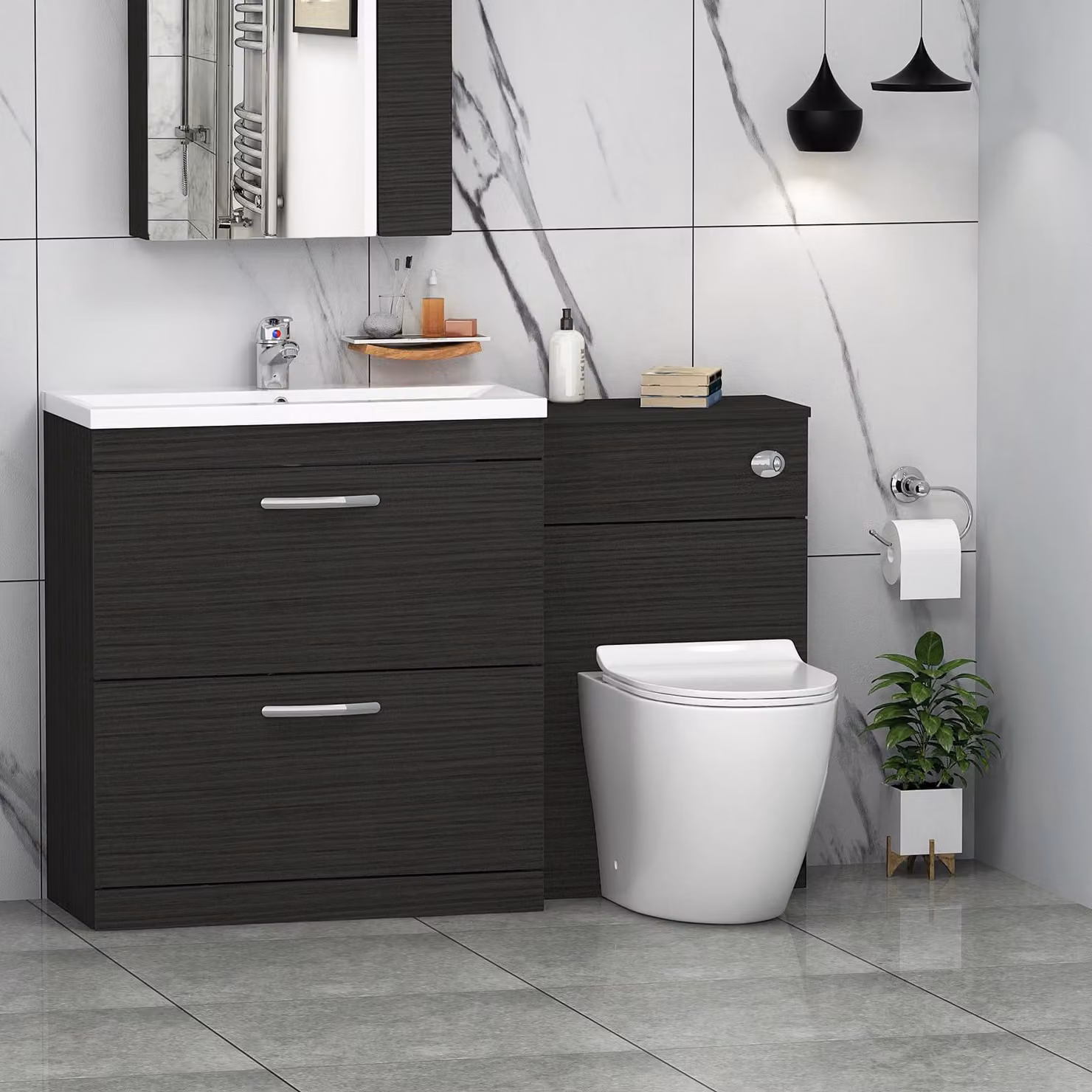 Royal Bathrooms Hale Black 1300mm 2 Drawer Furniture Pack with Mid Edge Basin and Slim Elva Back to Wall Toilet
