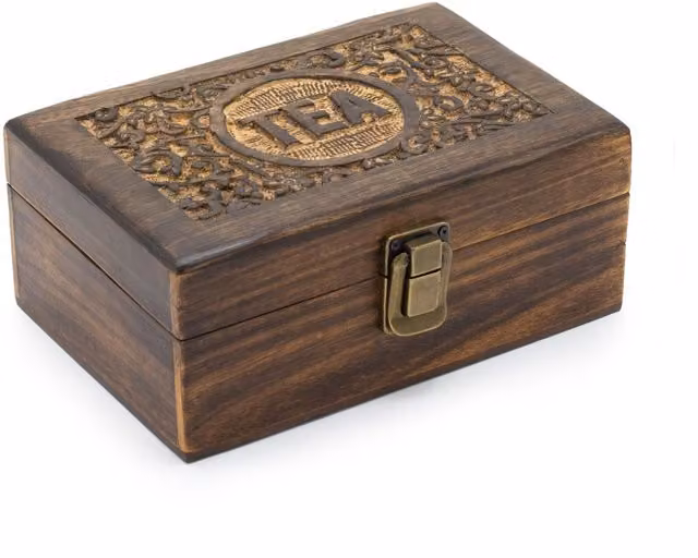 KDMK Brown Mango Wood Carved Tea Box with Six Compartments and Floral Design and Brass Clip