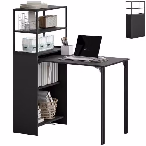 HOMCOM Folding Computer Desk with 4-Tier Bookshelf, Black