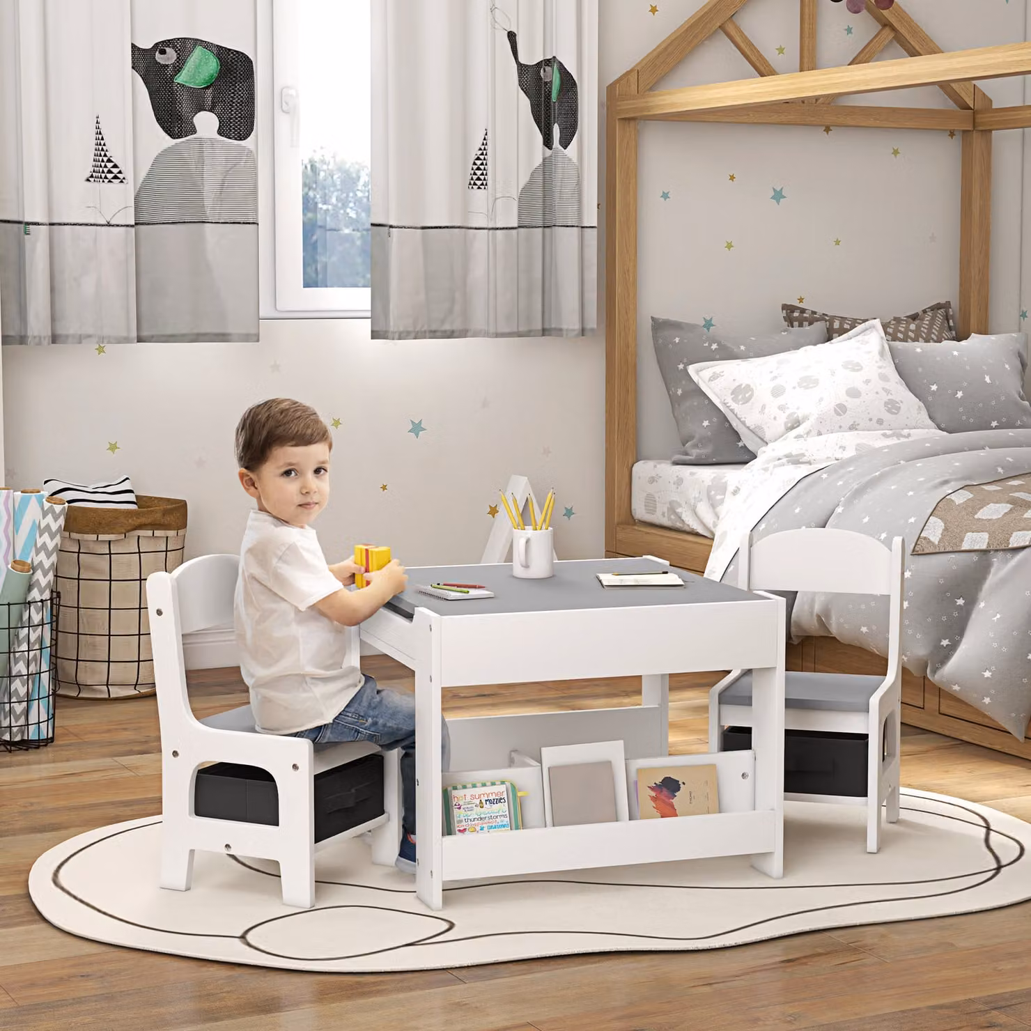 HOMCOM 3-Piece Kids Table and Chair Set with Blackboard, Storage and Bookshelves in Grey and White – 2