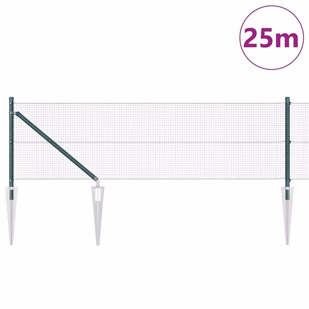 Berkfield Home Green Steel Welded Wire In-Ground Fence with 13 Round Spike Posts, 0.8 x 25 m – 3
