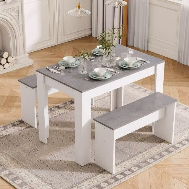 ModernLuxe Grey Rectangular Dining Table Set with 2 Benches for Kitchen and Dining Room – 1