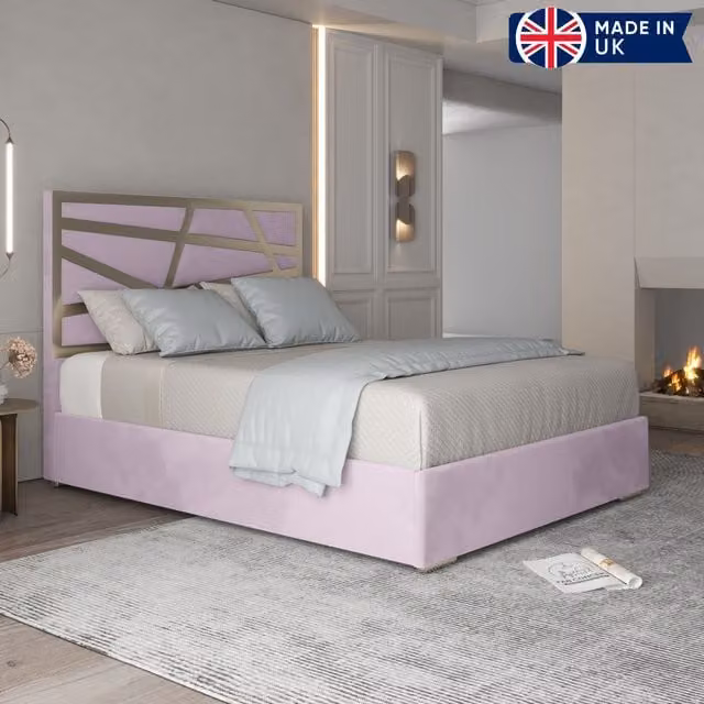 Casani Modern Upholstered Velvet Bed Frame in Pink with Metal Details, W/D/H: 140 x 200 cm – 1