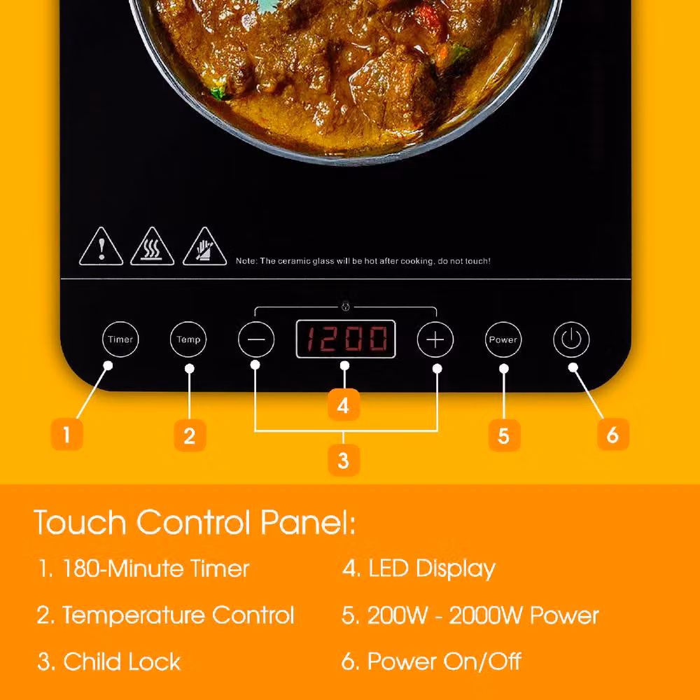 Abode AINDH1002 Portable Single Induction Hob in Black with Digital Touch Control, 2000W, 10 Heat Settings and Timer – 3