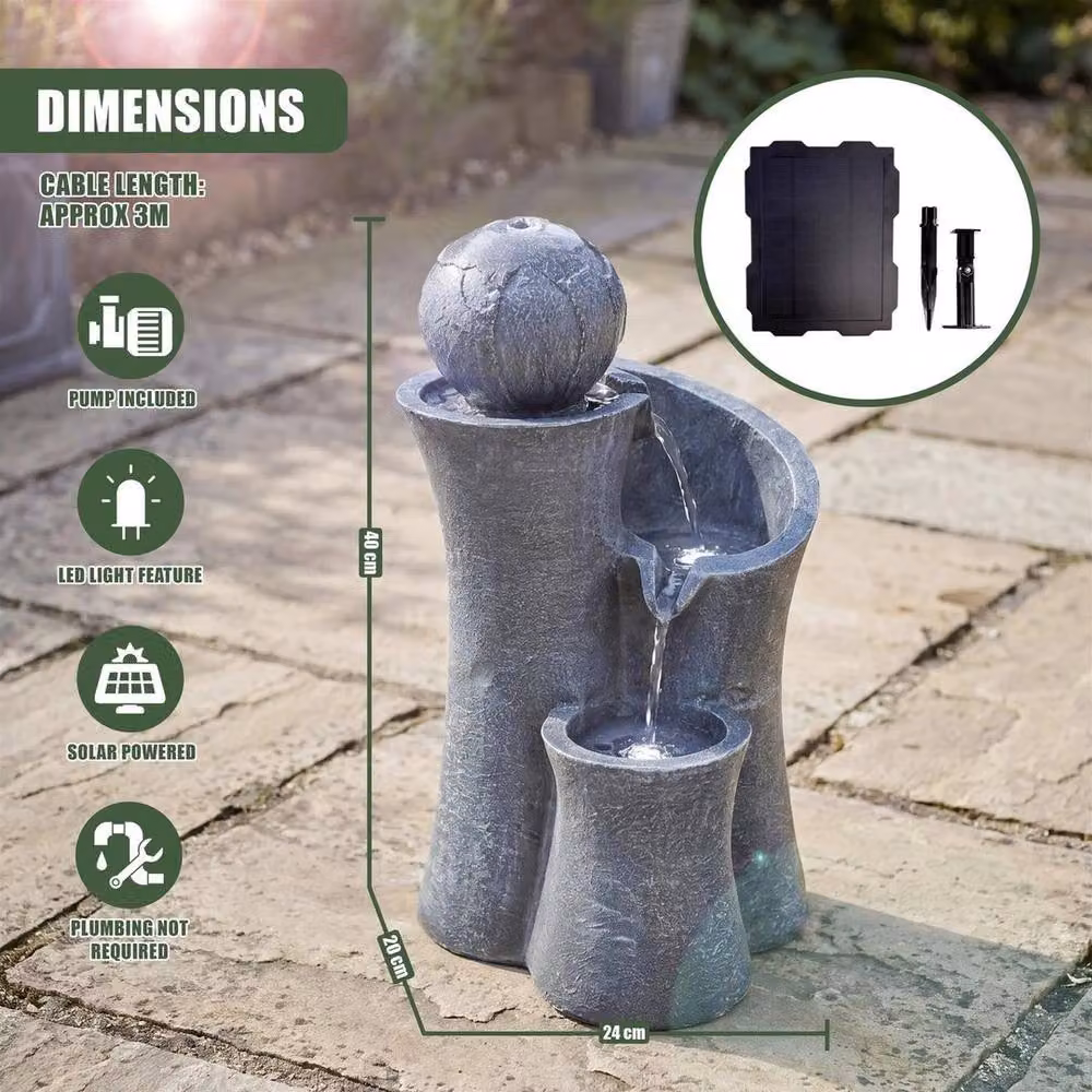 Spetlek Solar Powered Cascade Water Feature with LED Lights in Grey Polyresin, W/D/H: 40.0 x 24.0 x 0.6 m2 – 2
