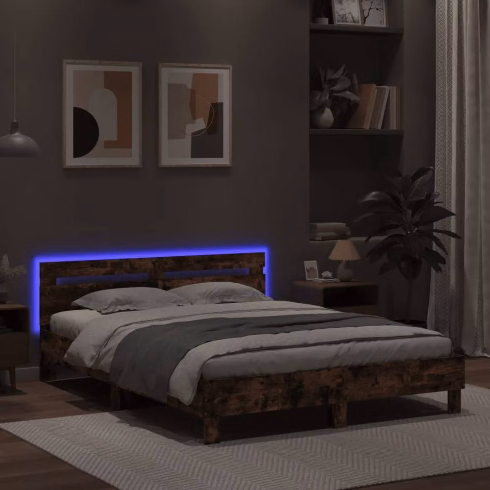 Berkfield Home Durable Engineered Wood Bed Frame with Under-Bed LED Lighting in Brown Oak, W/D/H: 140 x 200 x 70 cm – 3