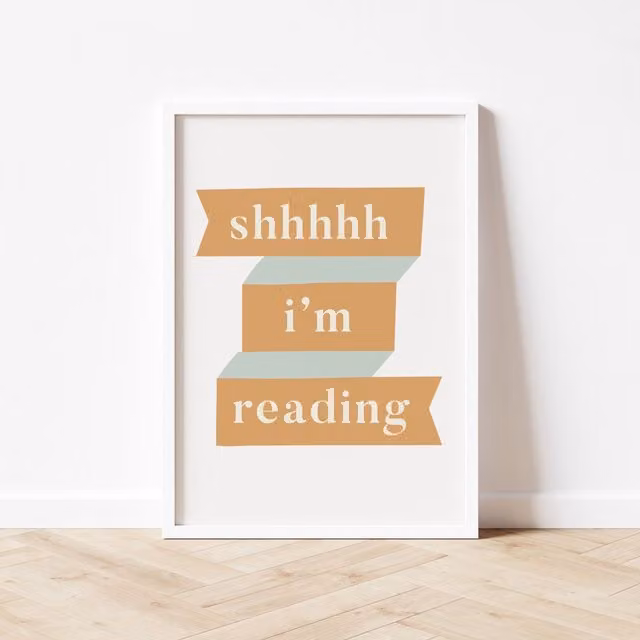 Autumns Corner Shhhh Im Reading Typography Paper Poster, Sage and Mustard, A3 – 1