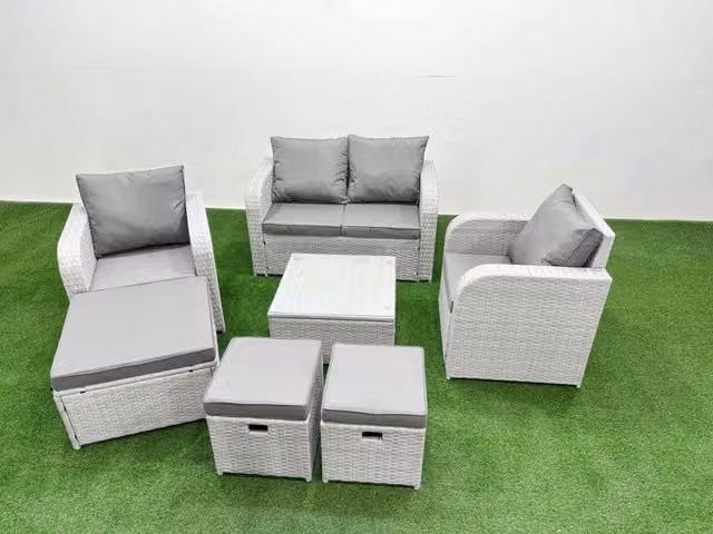Fimous 7 Seater Grey PE Wicker Rattan Garden Furniture Set with Upholstered Cushions, Reclining Chairs, Coffee Table and Ottomans