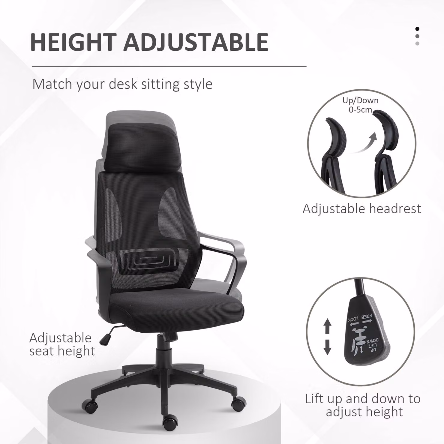 Vinsetto Ergonomic High Back Office Chair with Headrest and Lumbar Support, Black Fabric – 4