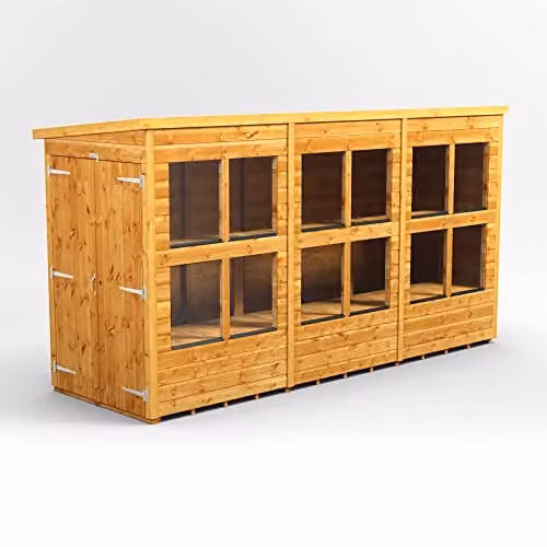 Powersheds Premium Pent Wooden Greenhouse Shed with Double Doors and Tempered Glass in Brown – 1