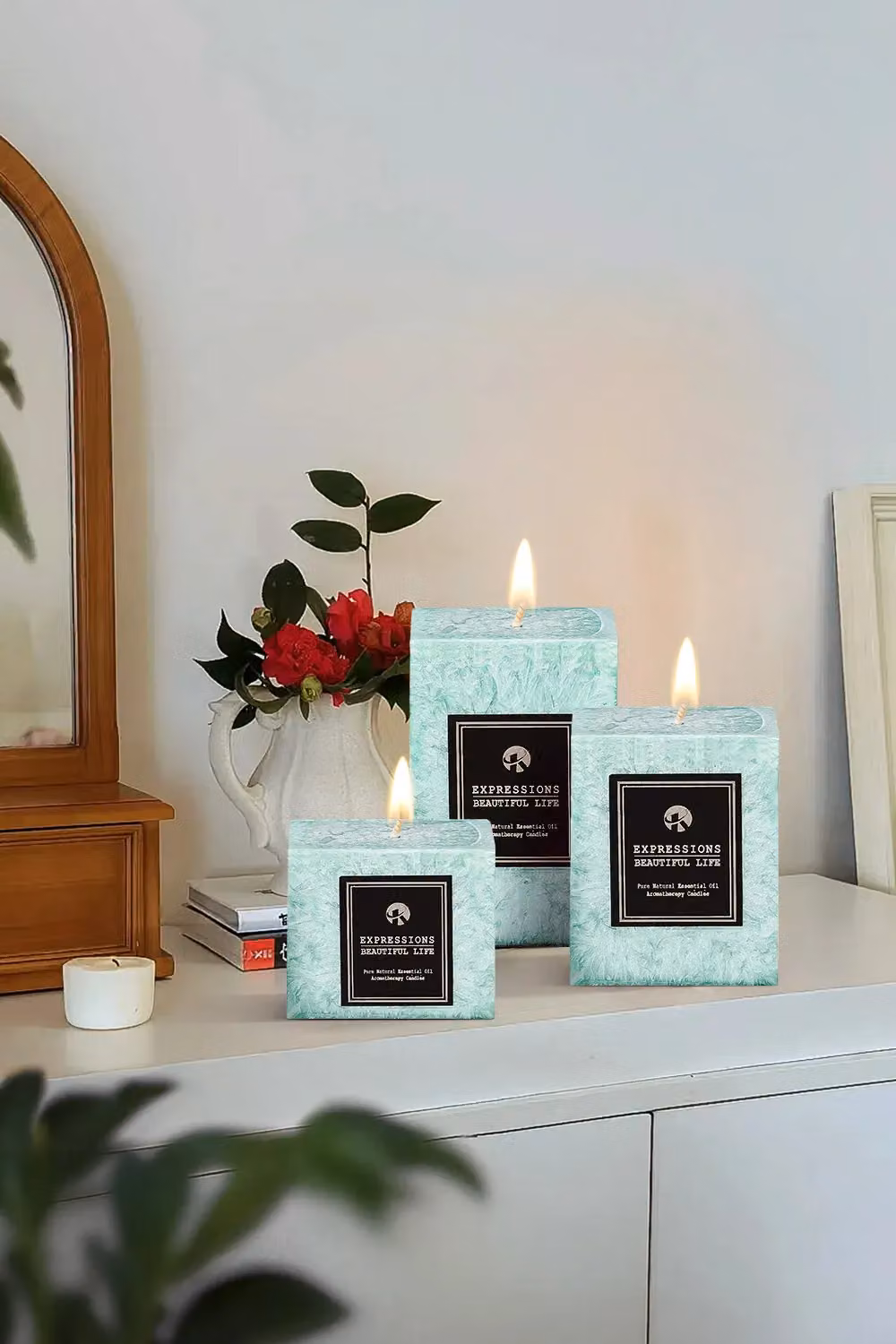Living and Home 3-Piece Green Basil Scented Pillar Candle Set – 2
