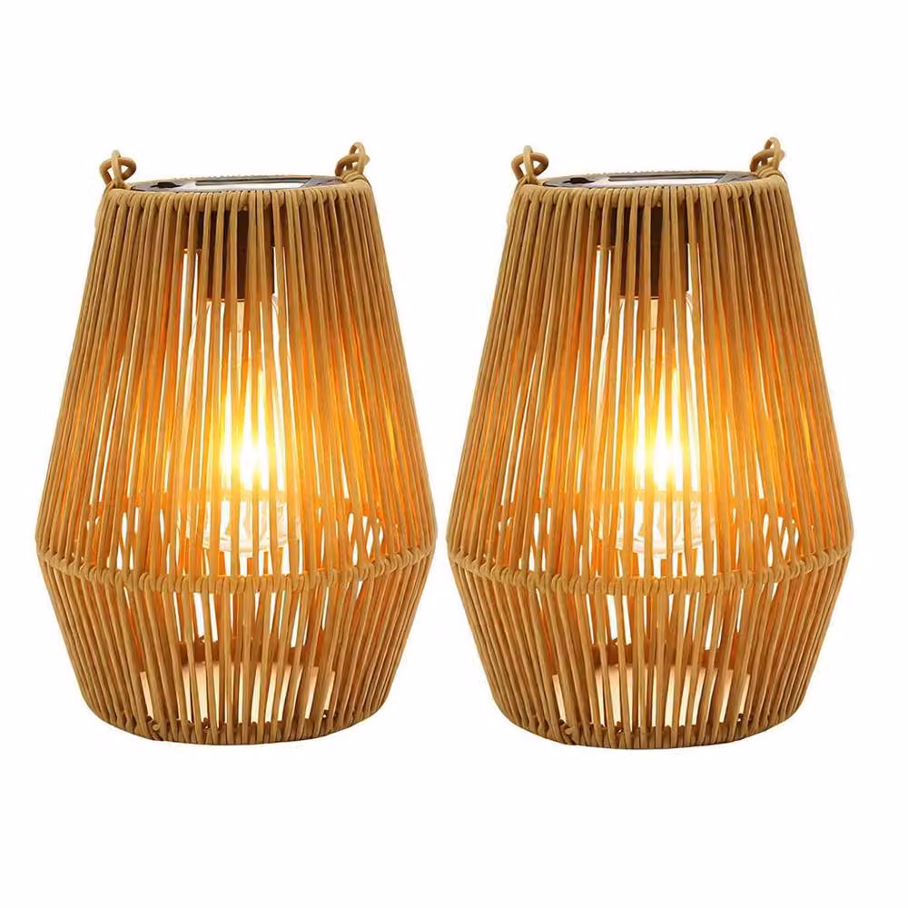 Gr8 Garden Set of 2 Solar LED Rattan Effect Hanging Lanterns in Brown with Warm White Light and Dusk Sensor IP44 – 4