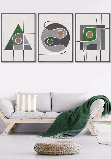 ARTZE Set of 3 Mid Century Abstract Geometric Wall Art in Grey, Green and Black, W: 53 cm, H: 73 cm, D: 2 cm