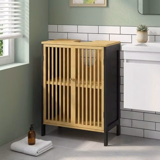 STILVORA Under Sink Bathroom Cabinet with Adjustable Internal Shelves in Sand and Brown Bamboo – 1