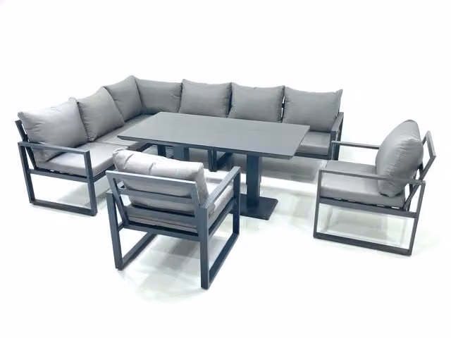 Fimous Aluminum Outdoor Garden Furniture Set with Corner Sofa, 2 Chairs and Adjustable Rising Lifting Dining Table in Dark Grey