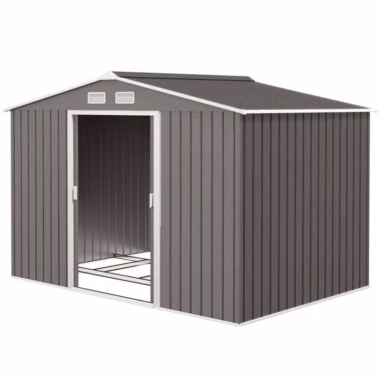 Rolipo Metal Garden Shed with Sliding Doors and Side Ventilation, Light Grey, W: 274.32 cm, D: 182.88 cm, H: 274.32 cm