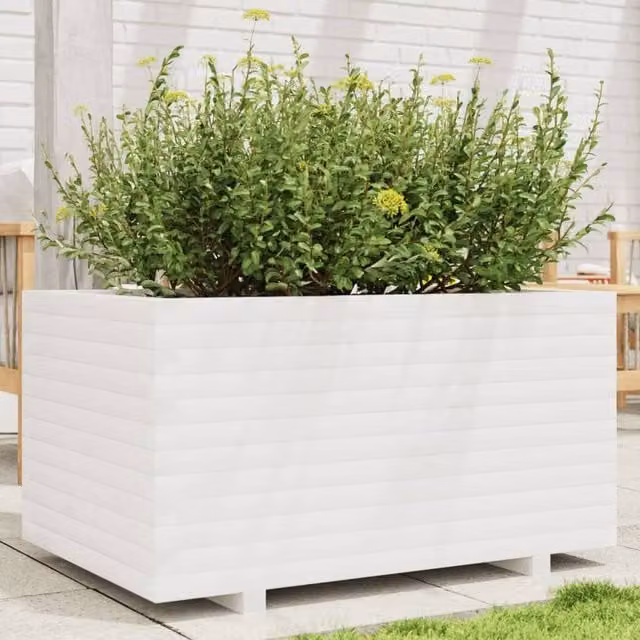 Berkfield Home White Solid Wood Pine Garden Planter Tub W: 90 cm, D: 60 cm, H: 49.5 cm – 1