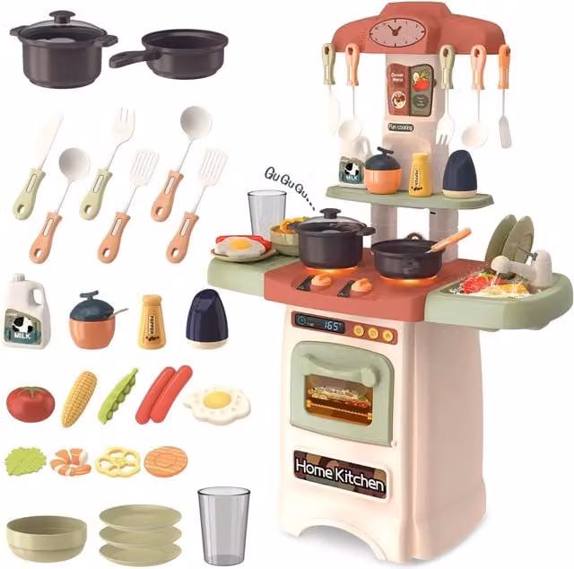 deAO Pink Kitchen Playset with Realistic Light and Sound Press Water Faucet