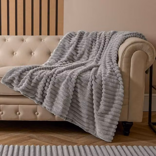 OHS Grey Faux Fur Ribbed Fleece Throw Blanket, W: 150 cm, D: 200 cm