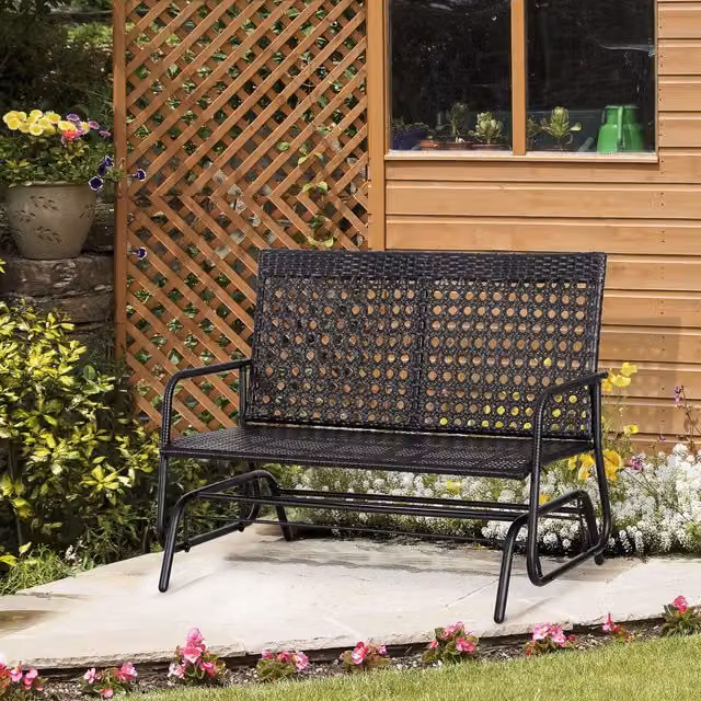 Outsunny 2 Seater Modern PE Rattan Wicker Glider Bench with Armrests in Black