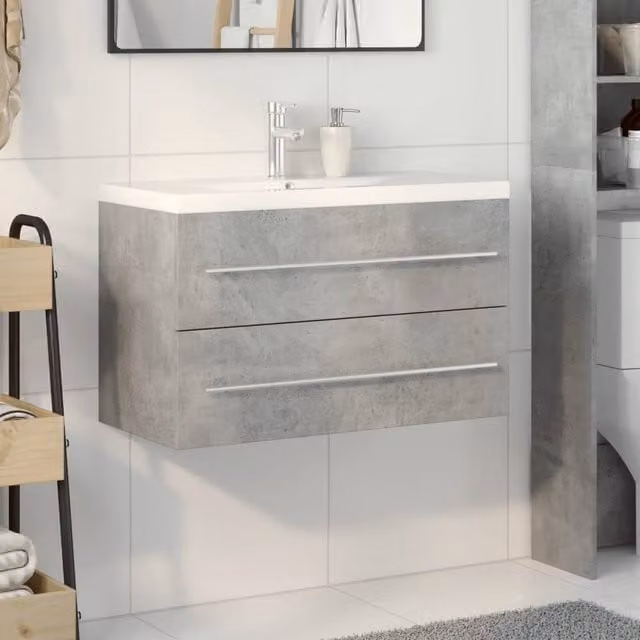 Berkfield Home 2 Piece Modern Wall Mounted Bathroom Vanity Unit Set in Grey and White MDF, W/D/H: 80.0 x 38.5 x 48.0 cm