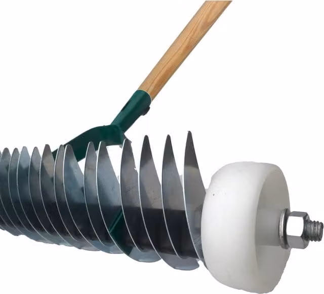 SolaDirect Manual Lawn Aerator Scarifier Head and Dethatching Rake for Moss Removal in Silver and Wood