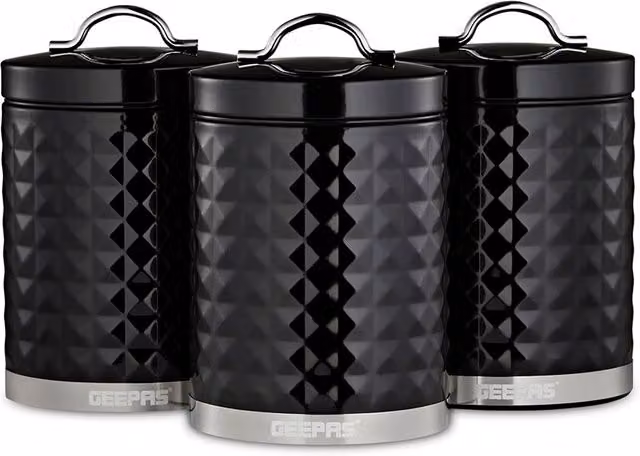 Geepas Argyle 3-Piece Airtight Tea Coffee Sugar Canister Set, Black, 1.3 l