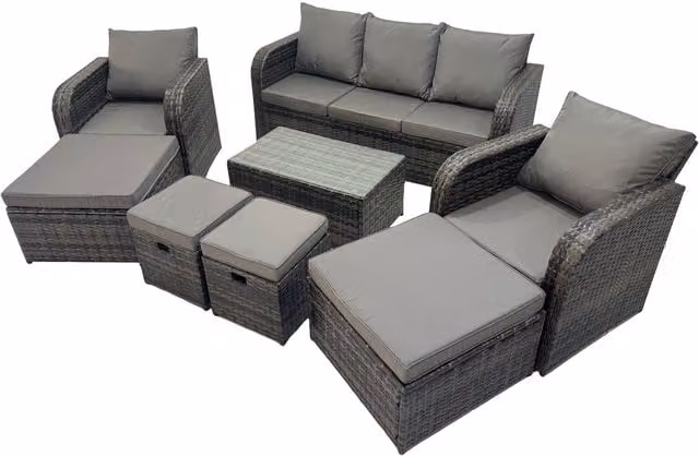 Fimous 9-Seater Rattan Garden Furniture Set in Grey and Anthracite with Reclining Chairs, Ottoman, and Glass Coffee Table