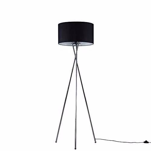MiniSun Modern Brushed Chrome Floor Lamp with Black Fabric Drum Shade and Warm White Bulb