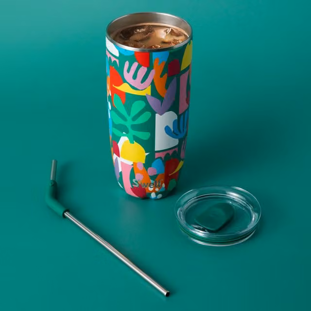 S'well Paper Cutouts Insulated Stainless Steel Tumbler with Lid and Straw, Green, 700ml
