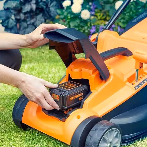 LawnMaster MX 24V 37cm Cordless Lawnmower in Orange with Spare Battery, Quick Charger, Collection Bag and Mulching Kit – 3
