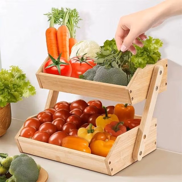 Nordara 2 Tier Bamboo Fruit Rack and Vegetable Storage Stand in Brown
