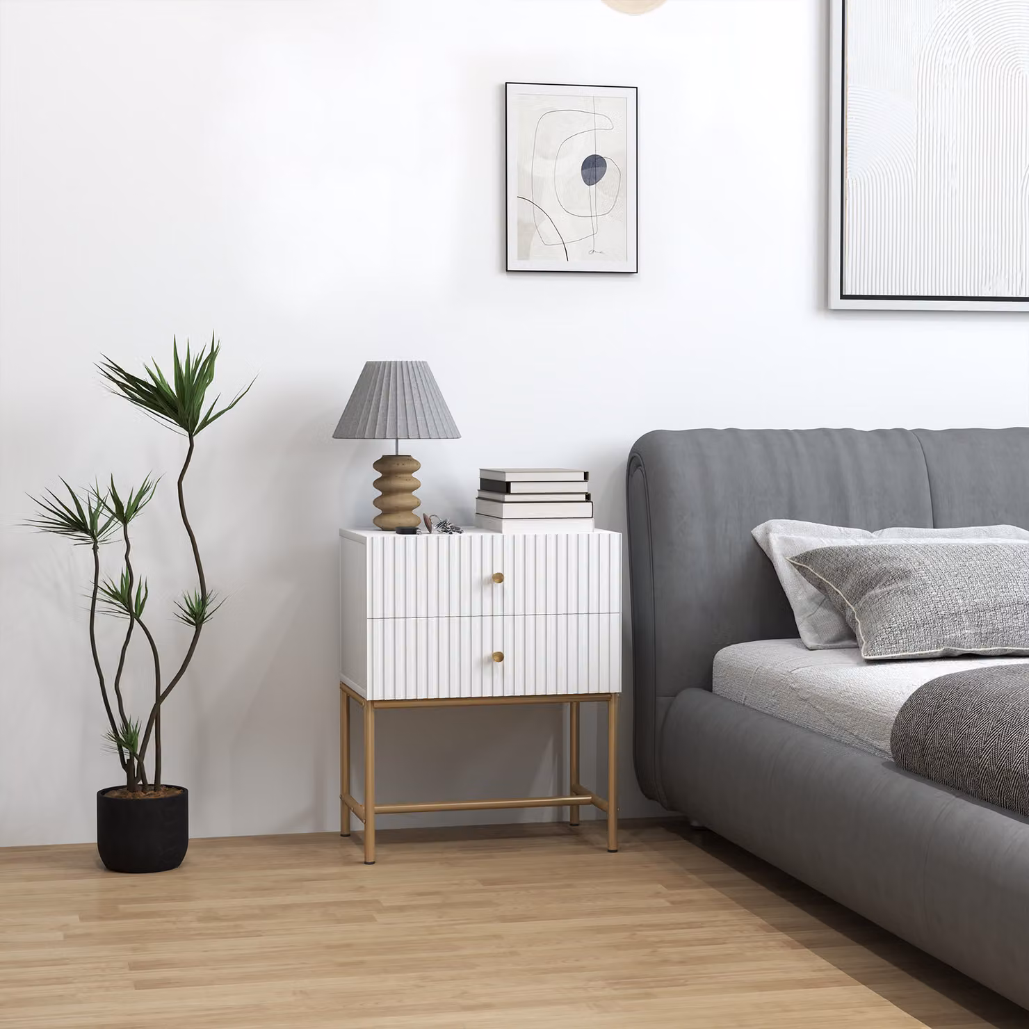 HOMCOM Modern Two-Drawer Bedside Table in White and Gold – 2